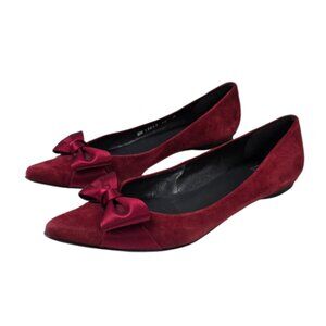 Stuart Weitzman Suede Bow Flats, Slip On, Red, Evening, Event, Size 10M